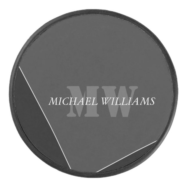 Modern Artistic Grey Black Monogram Hockey Puck (Front)