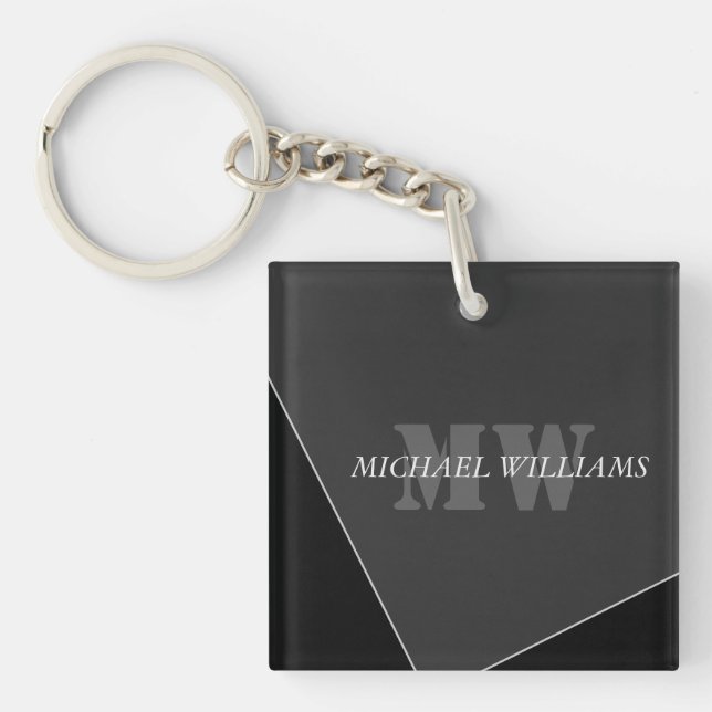 Modern Artistic Grey Black Monogram Key Ring (Front)