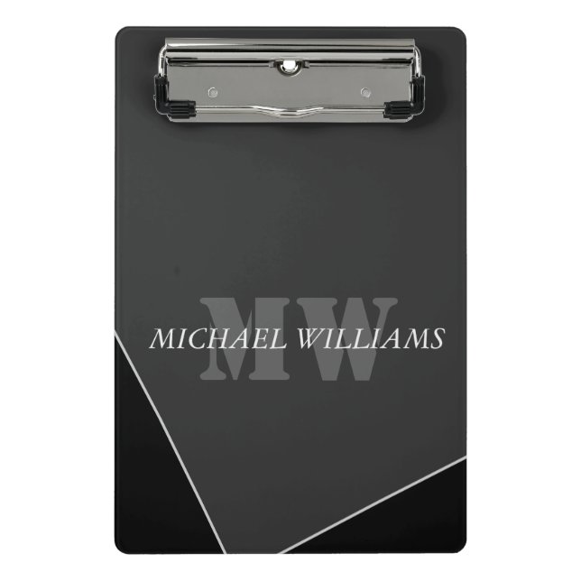 Modern Artistic Grey Black Monogram Mini Clipboard (Front)