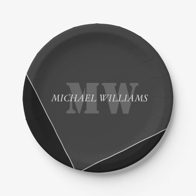 Modern Artistic Grey Black Monogram Paper Plate (Front)