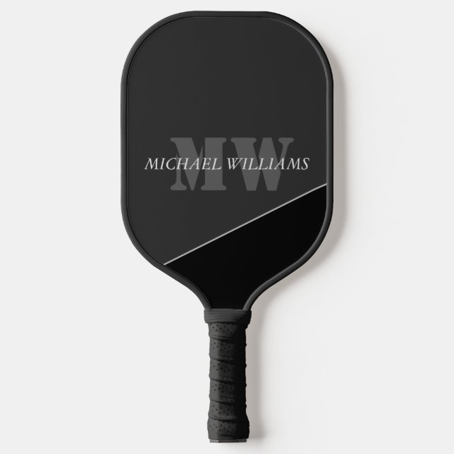 Modern Artistic Grey Black Monogram Pickleball Paddle (Front)