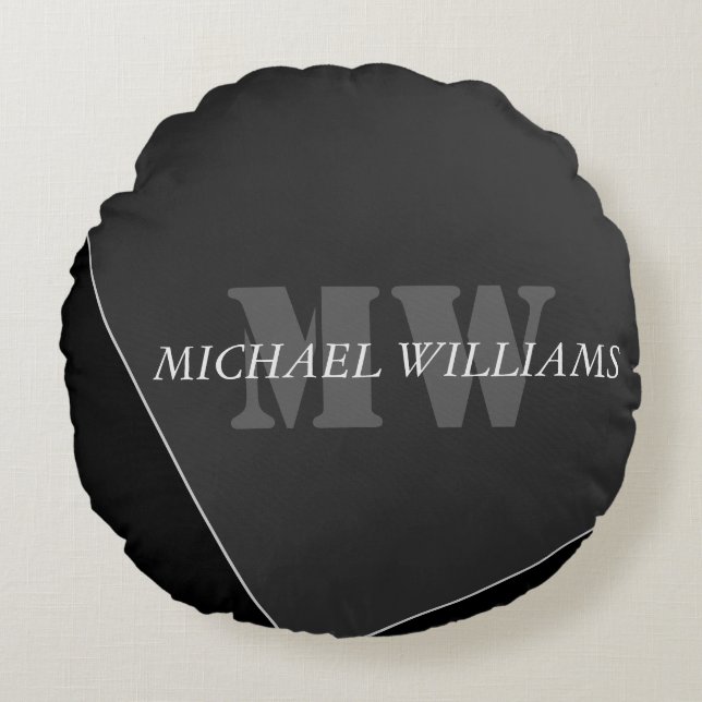 Modern Artistic Grey Black Monogram Round Cushion (Front)