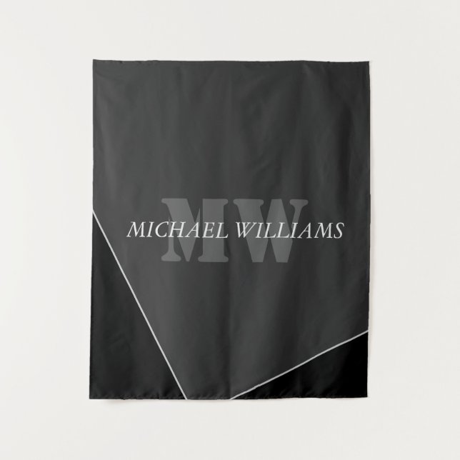 Modern Artistic Grey Black Monogram Tapestry (Front)