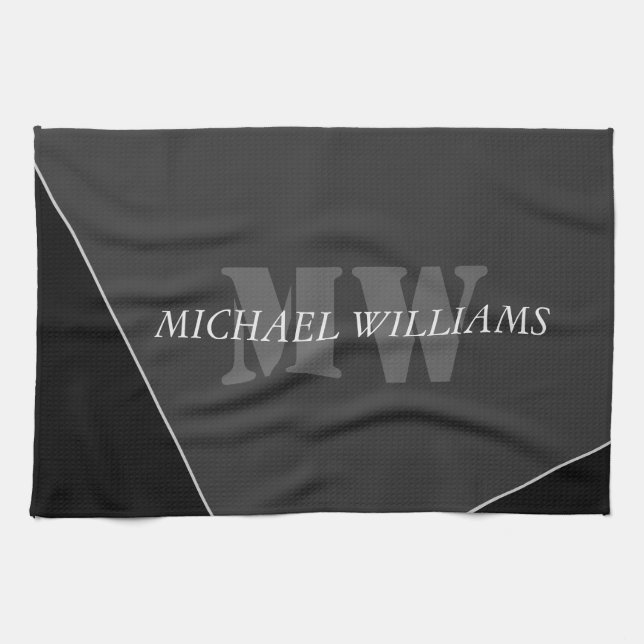 Modern Artistic Grey Black Monogram Tea Towel (Horizontal)
