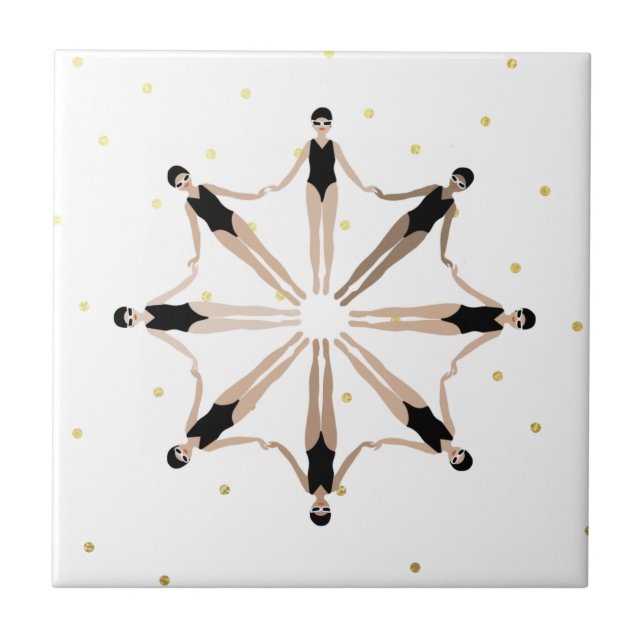 Modern Artistic Synchronised Swimmers Gold Dots   Ceramic Tile (Front)