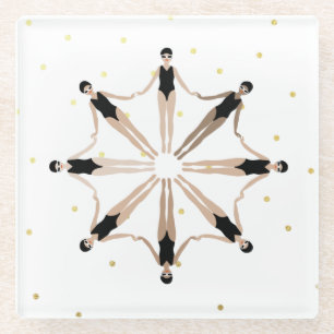 Modern Artistic Synchronised Swimmers Gold Dots Glass Coaster