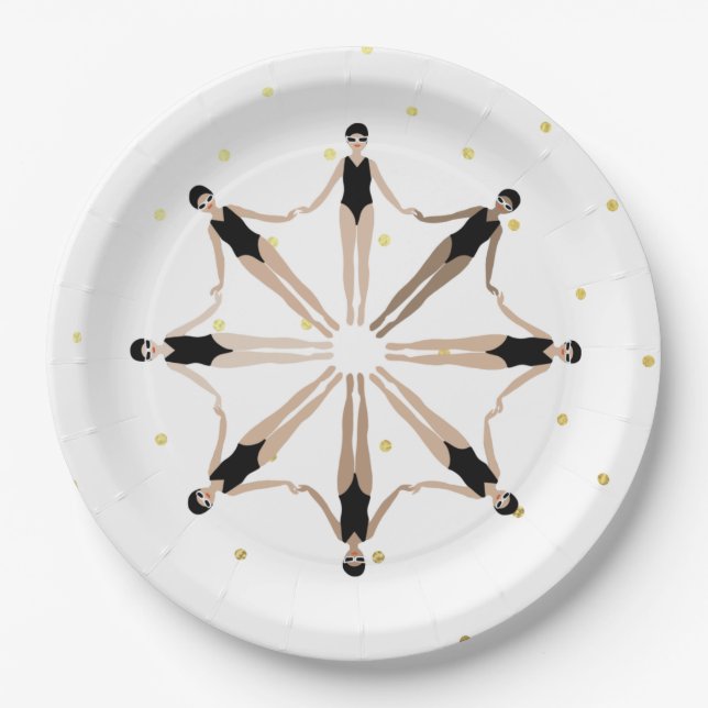 Modern Artistic Synchronised Swimmers Gold Dots    Paper Plate (Front)