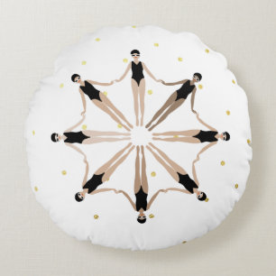 Modern Artistic Synchronised Swimmers Gold Dots   Round Cushion