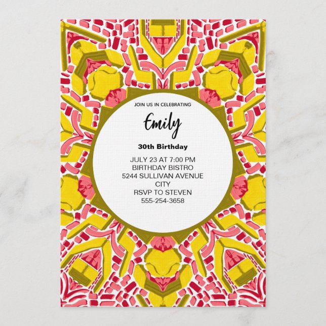 Modern Artistic Yellow & Pink Abstract Pattern Invitation (Front)