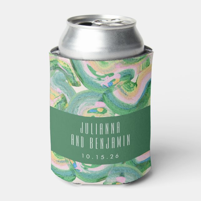 Modern Artsy Abstract Green Watercolor Wedding  Can Cooler (Can Front)