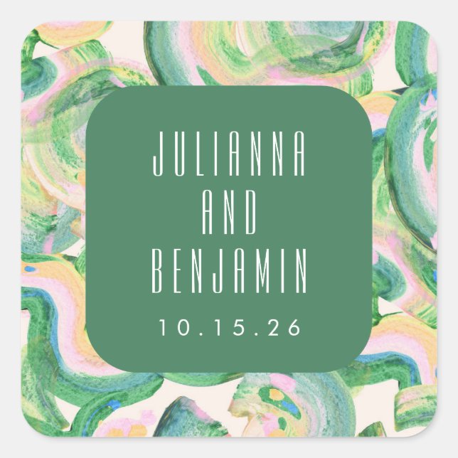 Modern Artsy Abstract Green Watercolor Wedding  Square Sticker (Front)