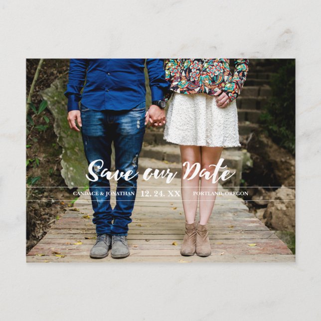 Modern Artsy Brush Calligraphy Photo Save the Date Announcement Postcard (Front)