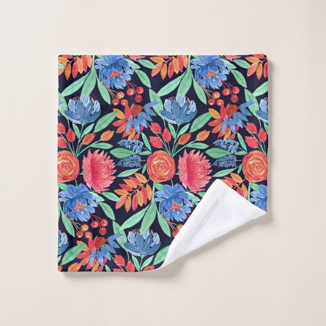 Modern Artsy Coral Blue Floral Watercolor Pattern Wash Cloth (Wash Cloth)