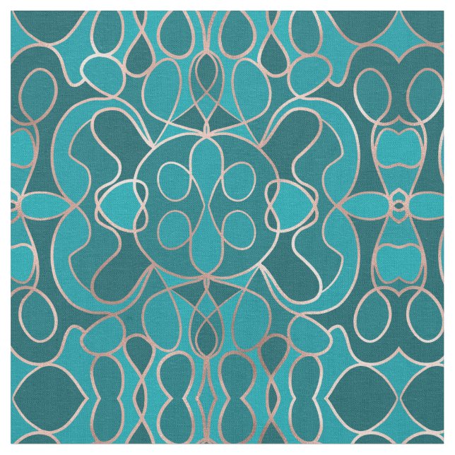 Modern Artsy Ocean Blue Rose Gold Geometric Fabric (Close Up)