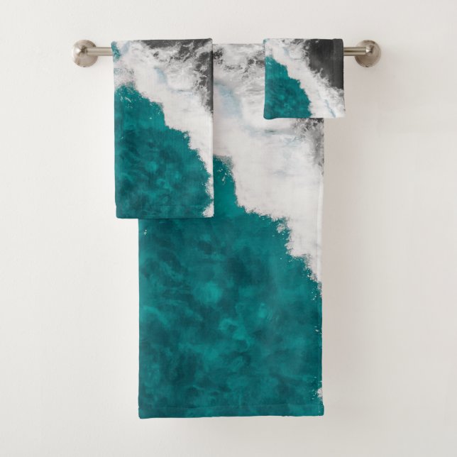 Modern Artsy Teal Blue Black Ocean Beach Waves Bath Towel Set (Insitu)