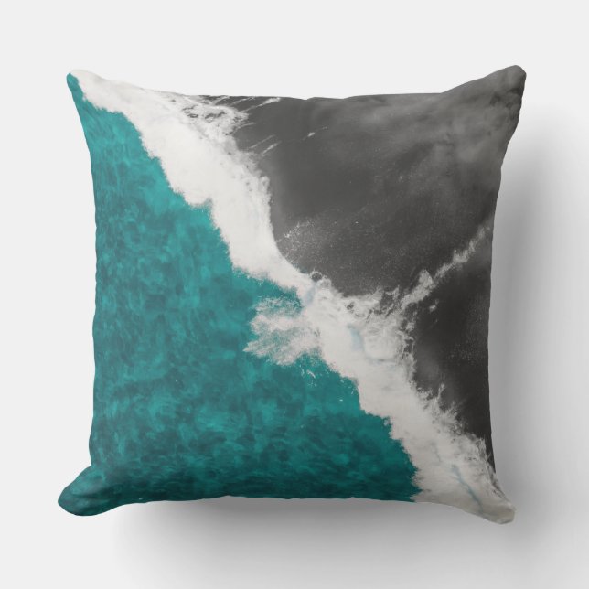 Modern Artsy Teal Blue Black Ocean Beach Waves Cushion (Front)