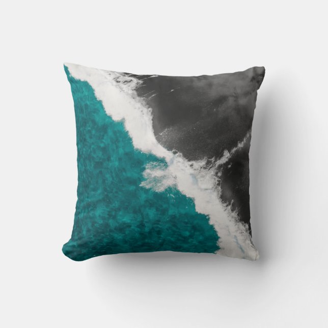 Modern Artsy Teal Blue Black Ocean Beach Waves Cushion (Front)