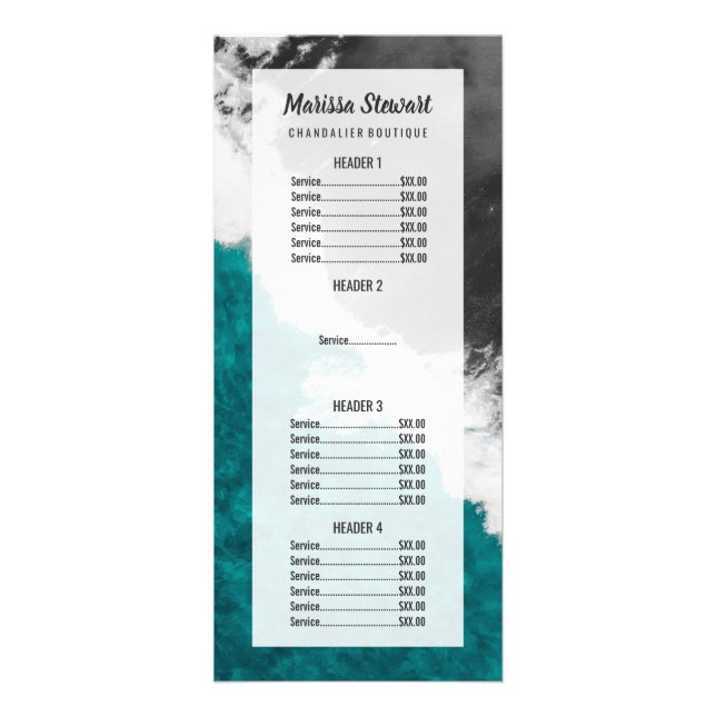 Modern Artsy Teal Blue Black Ocean Beach Waves Rack Card (Front)