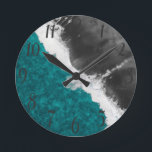 Modern Artsy Teal Blue Black Ocean Beach Waves Round Clock<br><div class="desc">Decorate your home with this fashionable design which features an artsy and modern teal blue and gray black ocean beach waves, print that will enhance your decor with a personalized and custom feel. This unique and trendy design will add your home's attitude and style. You can also gift this item...</div>
