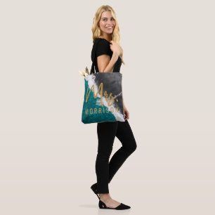 Modern Artsy Teal Blue Black Ocean Beach Waves Tote Bag