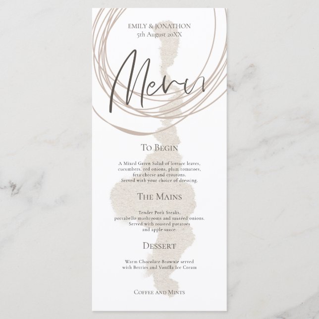 Modern Arty Circular Lines Shape Beige Wedding Menu (Front)
