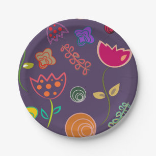 Modern arty purple and pink flowers paper plate