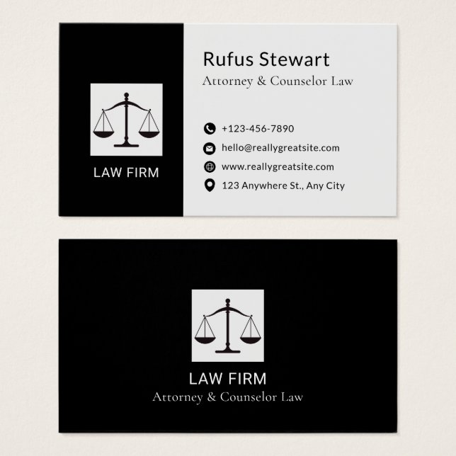 Modern Attorney Design White & Black Business Card (Front & Back)