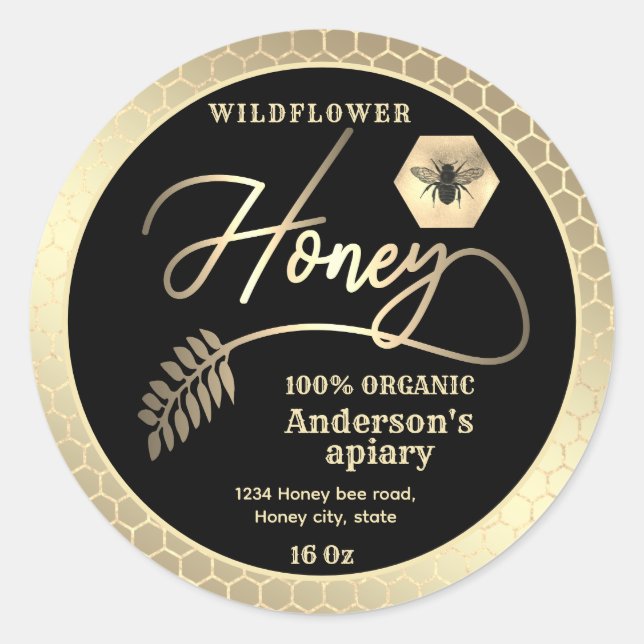Modern attractive black gold bee script honey classic round sticker (Front)