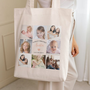 Modern Auntie Custom Photo Collage Pink Heart Tote Bag