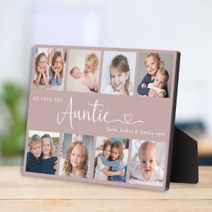 Modern Auntie Photo Collage Heart Script Plaque