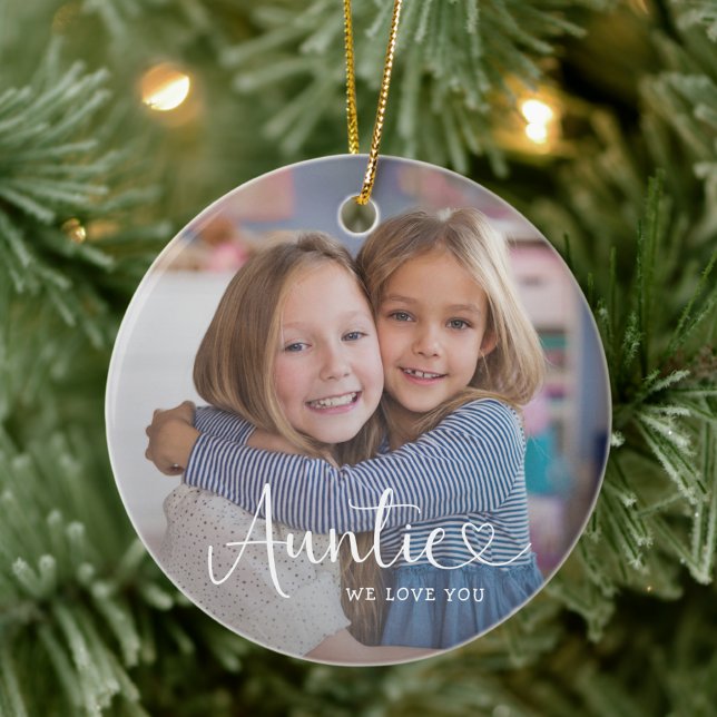 Modern Auntie We Love You Cute Heart 2 Photo Ceramic Ornament (Creator Uploaded)