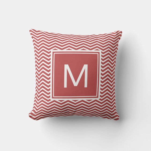 Modern Aurora Red Chevron Pattern With Monogram Cushion (Front)