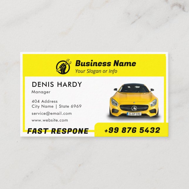 Modern Automotive Mechanic | Yellow Business Card (Front)