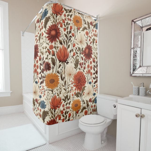 Modern Autumn Fall Botanical Floral  Shower Curtain (In Situ)