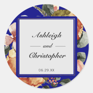 Modern Autumn Floral Blue Wedding Classic Round Sticker