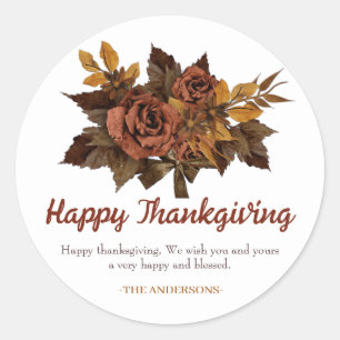 Modern Autumn Floral Happy thanksgiving family Classic Round Sticker
