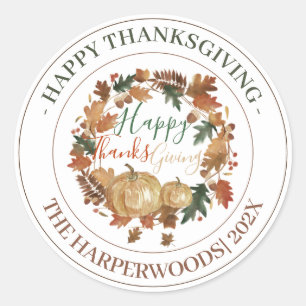  Modern Autumn Floral Happy thanksgiving family Classic Round Sticker