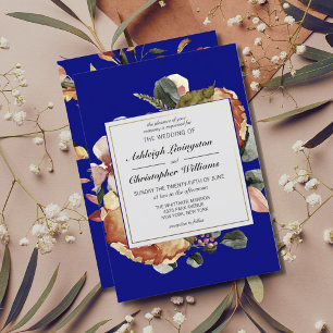 Modern Autumn Floral Navy Blue Wedding Invitation