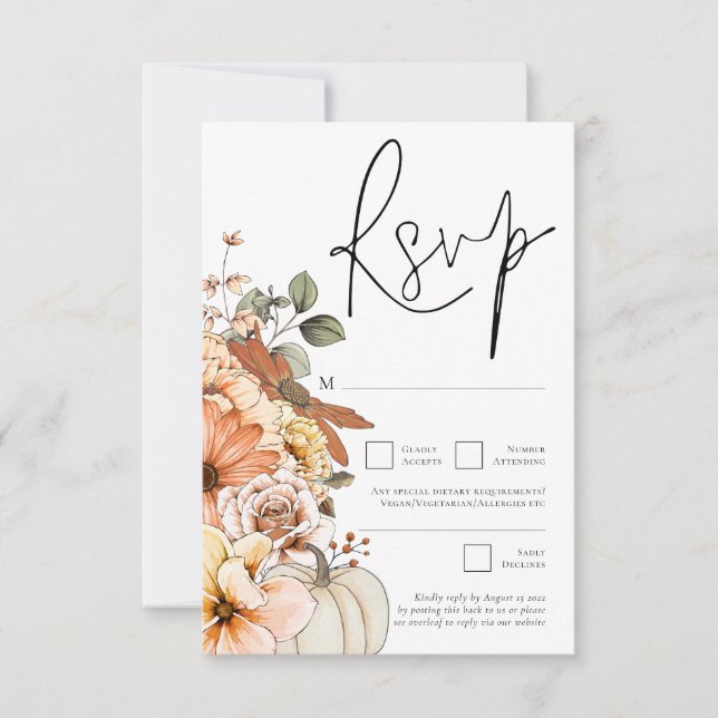 Modern Autumn Florals Pumpkin QR Code RSVP Card (Front)