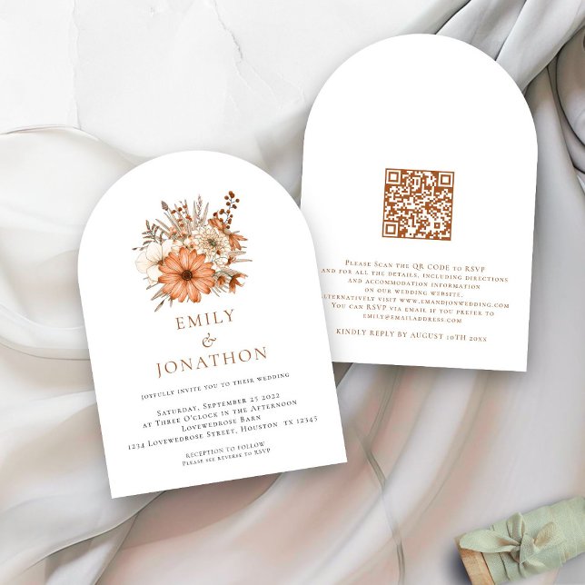 Modern Autumn Florals QR Code Wedding Arch Invitation (front and back view)