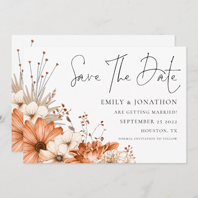 Modern Autumn Florals QR Code Wedding  Save The Date (Front/Back)