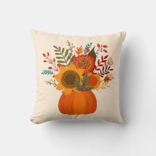 Modern Autumn Flowers in Pumpkin Cushion