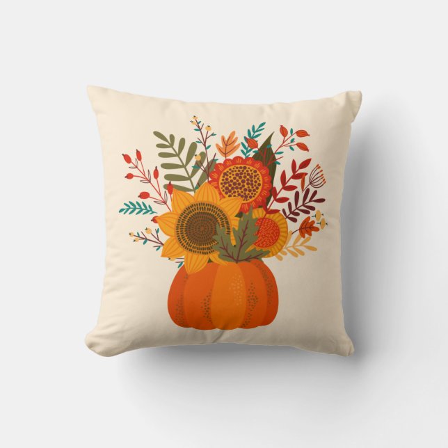 Modern Autumn Flowers in Pumpkin Cushion (Front)