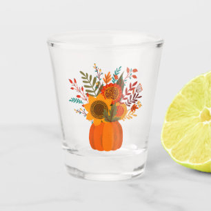 Modern Autumn Flowers in Pumpkin Shot Glass