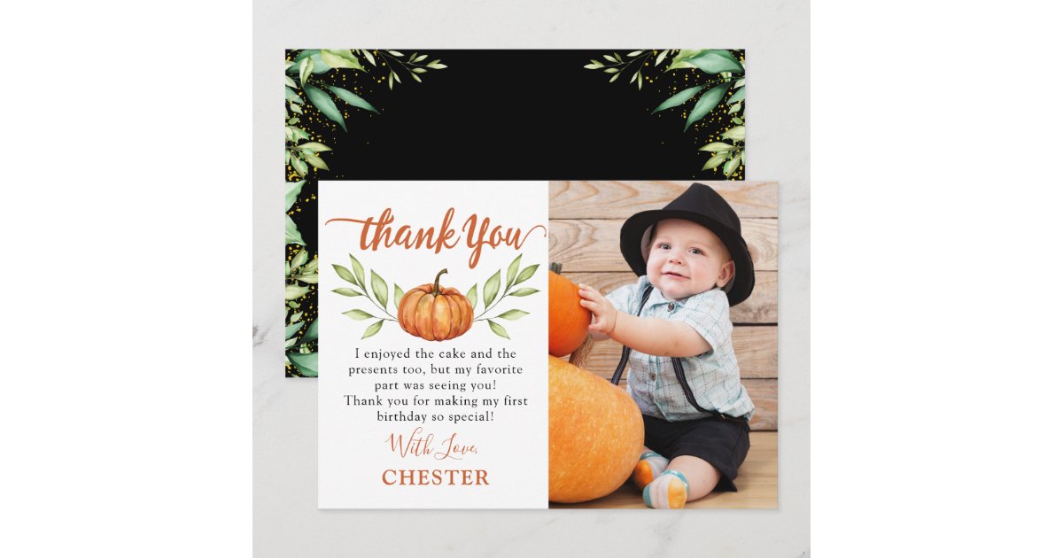 Modern Autumn Little Pumpkin Fall Birthday Photo Thank You Card | Zazzle