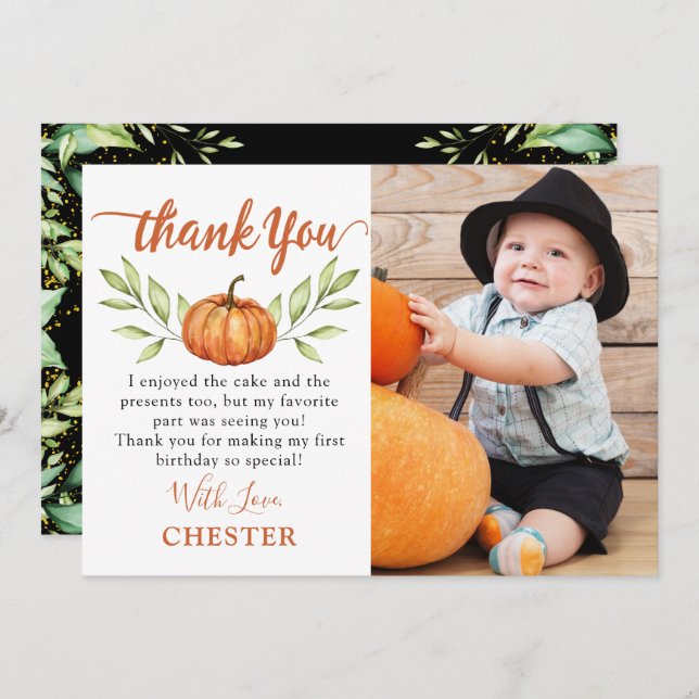 Modern Autumn Little Pumpkin Fall Birthday Photo Thank You Card (Front/Back)