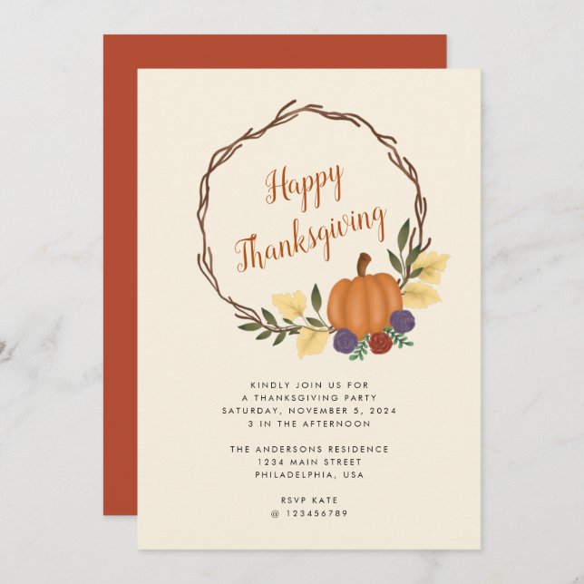 Modern Autumn Pumpkin Wreath Thanksgiving Party Invitation (Front/Back)