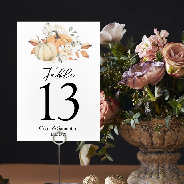 Modern Autumn Watercolor Pumpkins & Flowers  Table Number (Creator Uploaded)