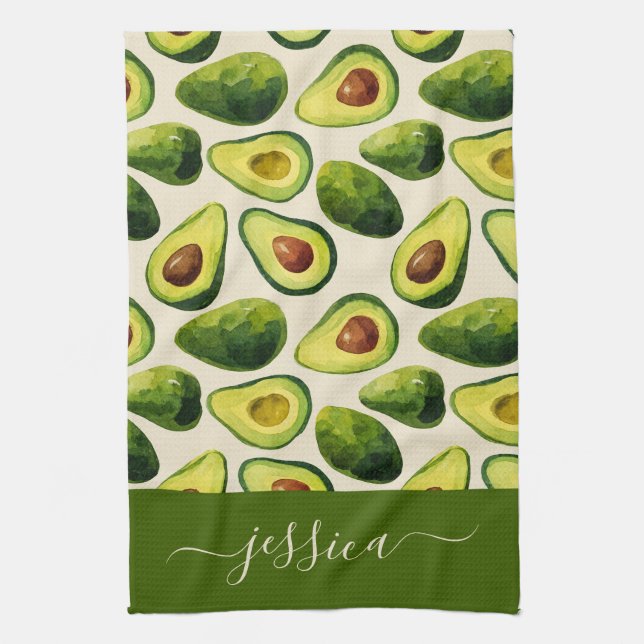 Modern avocado pattern script name tea towel (Vertical)