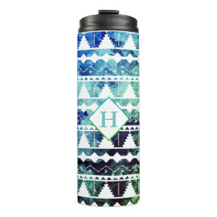 Modern Aztec Blue Green Geode with Initial Thermal Tumbler